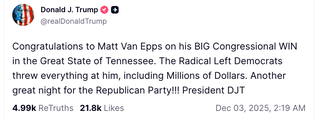 Trump’s Truth Social post congraulating Matt Van Epps